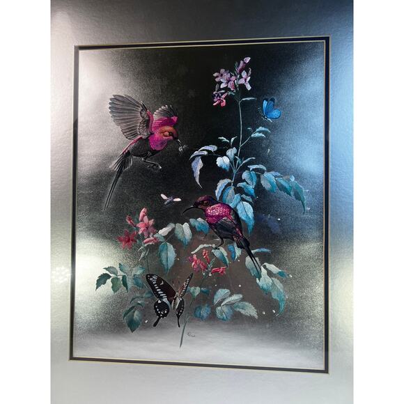 Large Foil Art Framed Vintage MCM Siver Nature Birds Butterfly Rena Hand Etched - Picture 2 of 16
